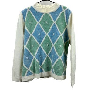 Alfred Dunner Sweater Medium Harlequin Argyle Blue Green Floral Holiday Soft
